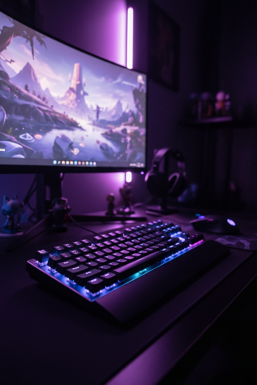RGB mechanical gaming keyboard glowing in a dark gaming desk setup with purple and blue lighting