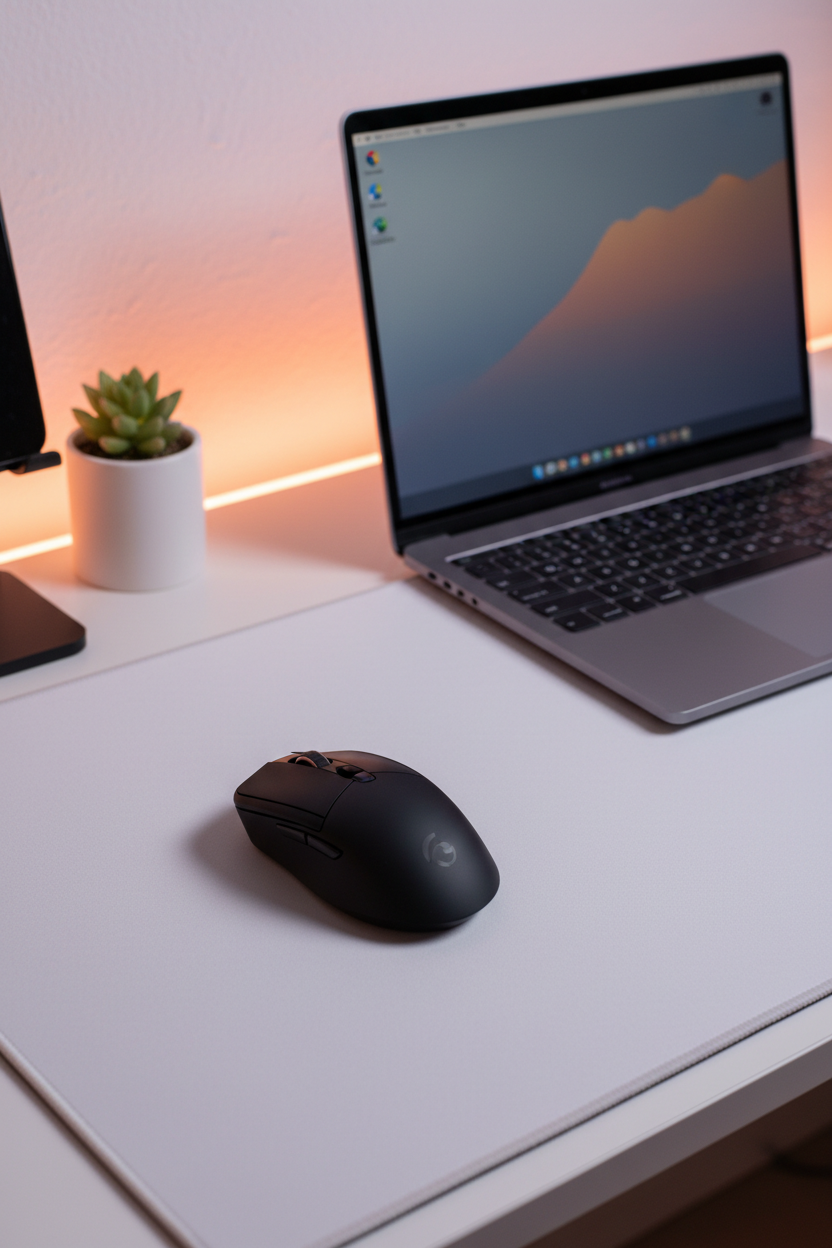 Wireless silent gaming mouse on a clean modern gaming desk with laptop and soft RGB lighting